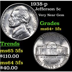 1938-p Jefferson Nickel 5c Grades Choice Unc+ 5fs