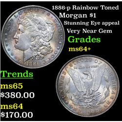 1886-p Rainbow Toned Morgan Dollar $1 Grades Choice+ Unc