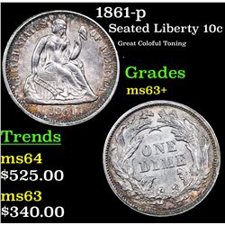 1861-p Seated Liberty Dime 10c Grades Select+ Unc