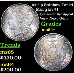 1896-p Rainbow Toned Morgan Dollar $1 Grades Choice+ Unc