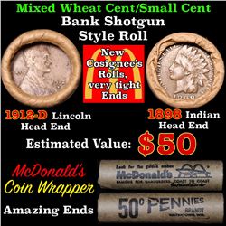 Mixed small cents 1c orig shotgun roll, 1912-d Wheat Cent, 1898 Indian Cent other end Grades