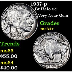 1937-p Buffalo Nickel 5c Grades Choice+ Unc