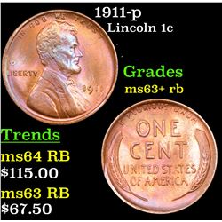 1911-p Lincoln Cent 1c Grades Select+ Unc RB