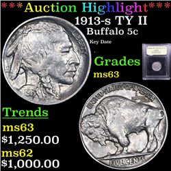 ***Auction Highlight*** 1913-s TY II Buffalo Nickel 5c Graded Select Unc by USCG (fc)