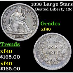 1838 Large Stars Seated Liberty Dime 10c Grades xf