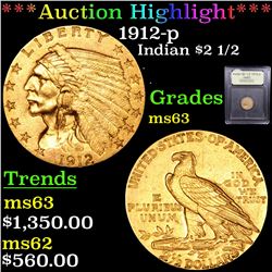 ***Auction Highlight*** 1912-p Gold Indian Quarter Eagle $2 1/2 Graded Select Unc by USCG (fc)