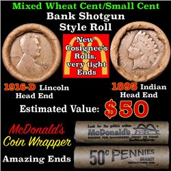 Mixed small cents 1c orig shotgun roll, 1916-d Wheat Cent, 1893 Indian Cent other end Grades