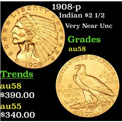 1908-p Gold Indian Quarter Eagle $2 1/2 Grades Choice AU/BU Slider