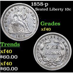 1858-p Seated Liberty Dime 10c Grades xf