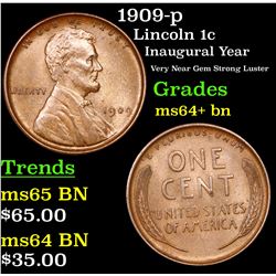 1909-p Lincoln Cent 1c Grades Choice+ Unc BN