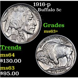 1916-p Buffalo Nickel 5c Grades Select+ Unc