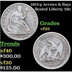 1853-p Arrows & Rays Seated Half Dollar 50c Grades vf+