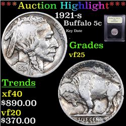***Auction Highlight*** 1921-s Buffalo Nickel 5c Graded vf+ By USCG (fc)