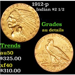 1912-p Gold Indian Quarter Eagle $2 1/2 Grades AU Details
