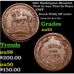 1863 Washington Mounted, First in war, First In Peace Civil War Token 1c Grades Select AU