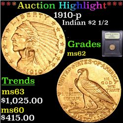***Auction Highlight*** 1910-p Gold Indian Quarter Eagle $2 1/2 Graded Select Unc By USCG (fc)