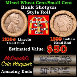 Mixed small cents 1c orig shotgun roll, 1918-s Wheat Cent, 1899 Indian Cent other end Grades