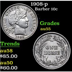 1908-p Barber Dime 10c Grades Choice AU