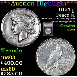 ***Auction Highlight*** 1921-p Peace Dollar $1 Graded Select Unc By USCG (fc)