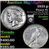 Image 1 : ***Auction Highlight*** 1921-p Peace Dollar $1 Graded Select Unc By USCG (fc)