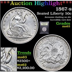 ***Auction Highlight*** 1867-s Seated Half Dollar 50c Graded Select Unc By USCG (fc)