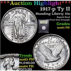 ***Auction Highlight*** 1917-p Ty II Standing Liberty Quarter 25c Graded GEM FH By USCG (fc)