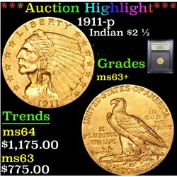 ***Auction Highlight*** 1911-p Gold Indian Quarter Eagle $2 1/2 Graded Select+ Unc By USCG (fc)