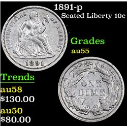 1891-p Seated Liberty Dime 10c Grades Choice AU