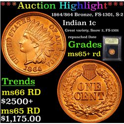 ***Auction Highlight*** 1864/864 Bronze, FS-1301, S-2 Indian Cent 1c Graded Gem+ Unc RD By USCG (fc)