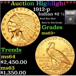 ***Auction Highlight*** 1912-p Gold Indian Quarter Eagle $2 1/2 Graded Select+ Unc By USCG (fc)