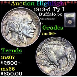 ***Auction Highlight*** 1913-d Ty I Buffalo Nickel 5c Graded GEM++ Unc By USCG (fc)