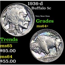 1936-d Buffalo Nickel 5c Grades Choice+ Unc