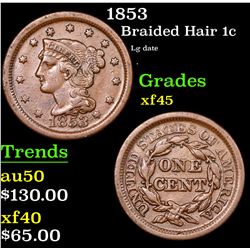 1853 Braided Hair Large Cent 1c Grades xf+