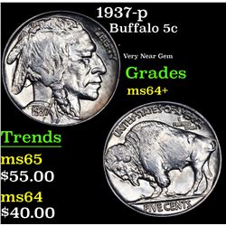 1937-p Buffalo Nickel 5c Grades Choice+ Unc