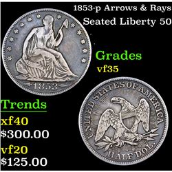 1853-p Arrows & Rays Seated Half Dollar 50c Grades vf++