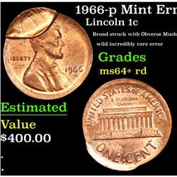 1966-p Mint Error, Broadstruck w/Obv. Brockage Lincoln Cent 1c Grades Choice+ Unc RD