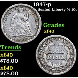 1847-p Seated Liberty Half Dime 1/2 10c Grades xf