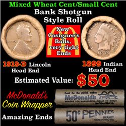 Mixed small cents 1c orig shotgun roll,1919-dWheat Cent,1899 Indian Cent other end