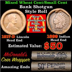 Mixed small cents 1c orig shotgun roll, 1917-d Wheat Cent, 1899 Indian Cent other end