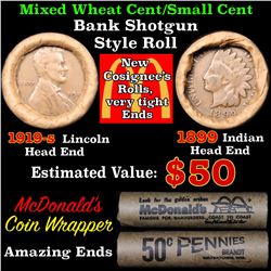 Mixed small cents 1c orig shotgun roll, 1919-s Wheat Cent, 1899 Indian Cent other end