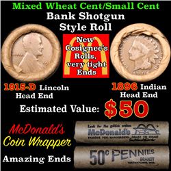 Mixed small cents 1c orig shotgun roll, 1915-d Wheat Cent, 1896 Indian Cent other end