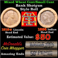 Mixed small cents 1c orig shotgun roll, 1918-s Wheat Cent, 1896 Indian Cent other end