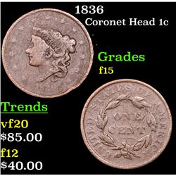 1836 Coronet Head Large Cent 1c Grades f+