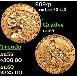 1909-p Gold Indian Quarter Eagle $2 1/2 Grades Choice AU