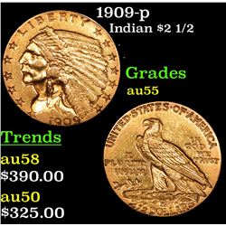 1909-p Gold Indian Quarter Eagle $2 1/2 Grades Choice AU