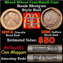 Mixed small cents 1c orig shotgun roll, 1917-d Wheat Cent, 1898 Indian Cent other end