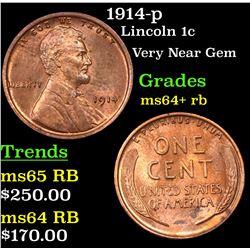 1914-p Lincoln Cent 1c Grades Choice+ Unc RB