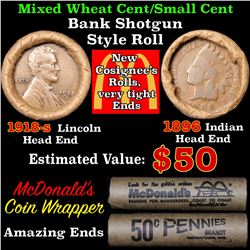 Mixed small cents 1c orig shotgun roll, 1918-s Wheat Cent, 1896 Indian Cent other end