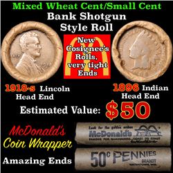 Mixed small cents 1c orig shotgun roll, 1918-s Wheat Cent, 1896 Indian Cent other end