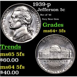 1939-p Jefferson Nickel 5c Grades Choice Unc+ 5fs